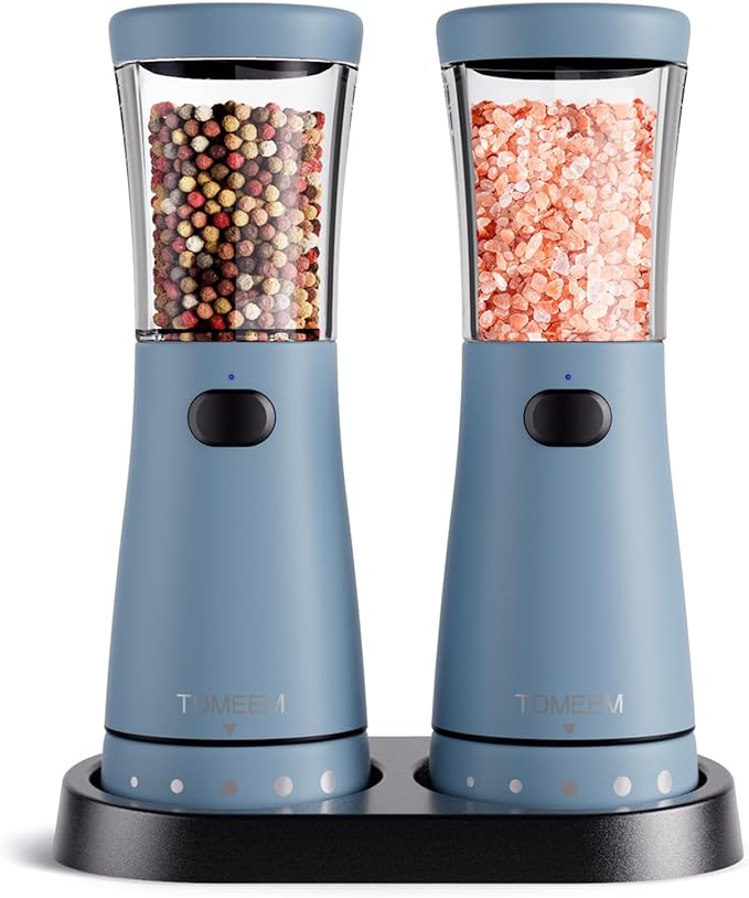 Electric Salt and Pepper Grinder Set with Storage Base, Stainless Steel Rechargeable Salt and Pepper Grinder Set with 4.5 oz Large Capacity, 1.8" Wide Mouth, Adjustable Coarseness, Ideal for Kitchen by Tomeem