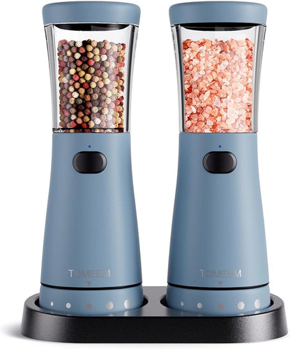 Electric Salt and Pepper Grinder Set with Storage Base, Stainless Steel Rechargeable Salt and Pepper Grinder Set with 4.5 oz Large Capacity, 1.8" Wide Mouth, Adjustable Coarseness, Ideal for Kitchen by Tomeem