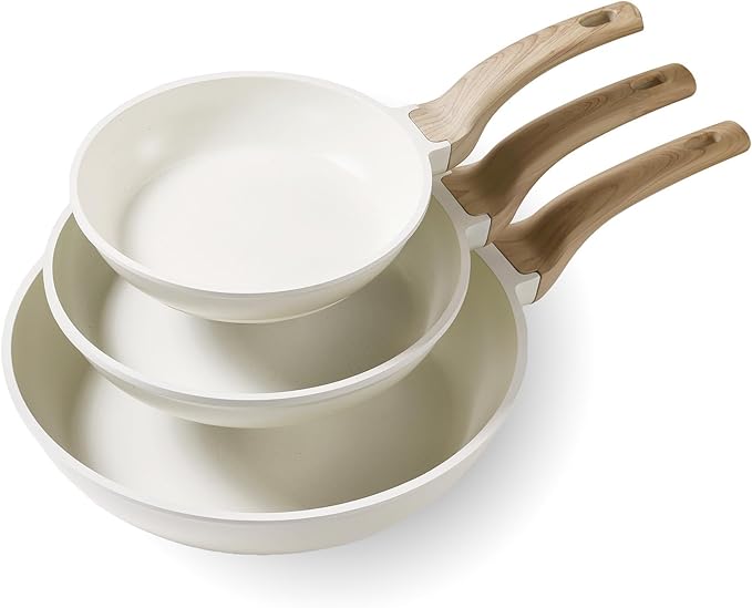 CAROTE Non Stick Frying Pan Skillet Set, Omelet Pan, Healthy Non Toxic Granite Chef Pan, Induction Compatible Egg Frying Pan with Heat-Resistant Handle, PFOA-Free,Cream White,8"+10"+12" by CAROTE