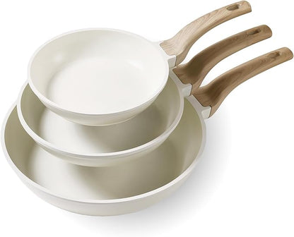CAROTE Non Stick Frying Pan Skillet Set, Omelet Pan, Healthy Non Toxic Granite Chef Pan, Induction Compatible Egg Frying Pan with Heat-Resistant Handle, PFOA-Free,Cream White,8"+10"+12" by CAROTE