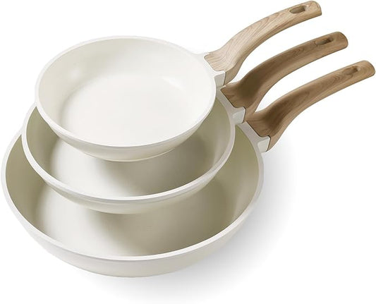 CAROTE Non Stick Frying Pan Skillet Set, Omelet Pan, Healthy Non Toxic Granite Chef Pan, Induction Compatible Egg Frying Pan with Heat-Resistant Handle, PFOA-Free,Cream White,8"+10"+12" by CAROTE