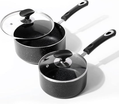 Nonstick Saucepan Set - 1.5 Quart and 2.5Quart,Ultra Non Stick Sauce Pan Small Pot with Glass Lid,Great for Home Kitchen Restaurant,Black by RATWIA