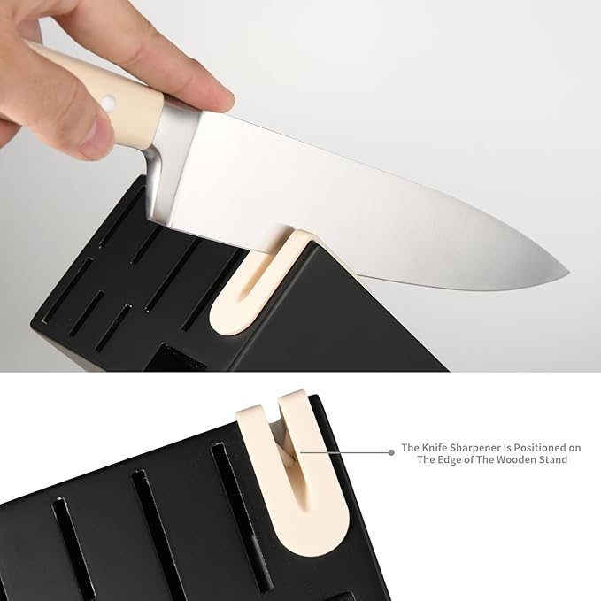 16 Pieces German Steel Knife Block Set, Extra-Long Creamy White Handles for Large Hands & Better Leverage, Professional Kitchen Knife Set with Sharpener & Shears, Modern Black Block - Image 4