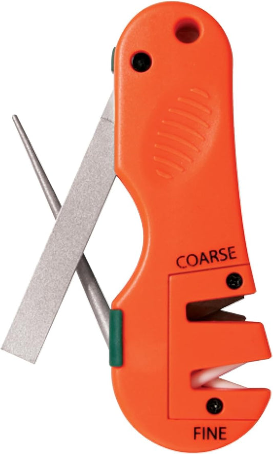 AccuSharp 4-in-1 Knife & Tool Sharpener, Coarse Tungsten Carbide Sharpening Blade & Ceramic Rod with Retractable Diamond-Tapered Rod for Knives, Fish Hooks & Tools, Orange