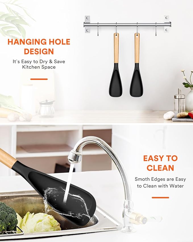 Cooking Spoon for Nonstick Cookwares, Great for Cooking and Serving Sturdy BPA-Free Matte Silicone, Wood Handle Spoon for Mixing, Scoop, and Scrape (2 Pack of Black, 13.4 inch) - Image 7