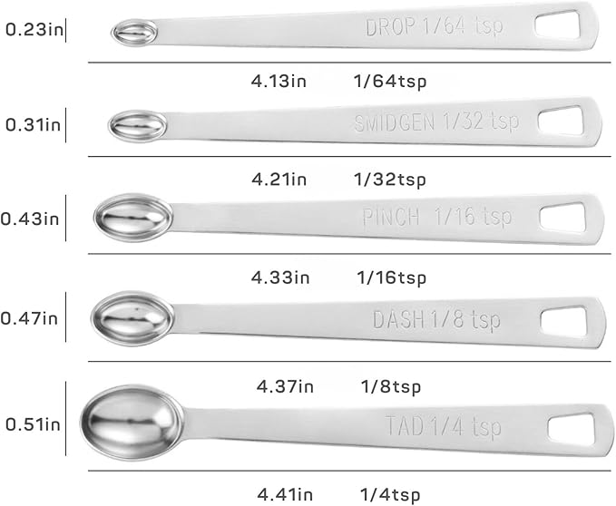5Pcs Teaspoon Measuring Spoons, 1/4 tsp, 1/8 tsp, 1/16 tsp, 1/32 tsp, 1/64 tsp Metal Measuring Spoons Set, Stainless Steel Cooking Baking Tiny Measuring Spoon for Powders, Spices, Salt - Image 2