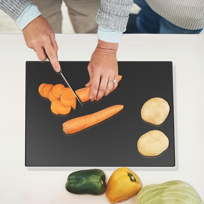 Mymonfif Tempered Glass Cutting Board for Kitchen, Black Glass Board for Countertop, Heat Resistant, with Non-Slip Feet, 12x16" 1Pcs - Image 6