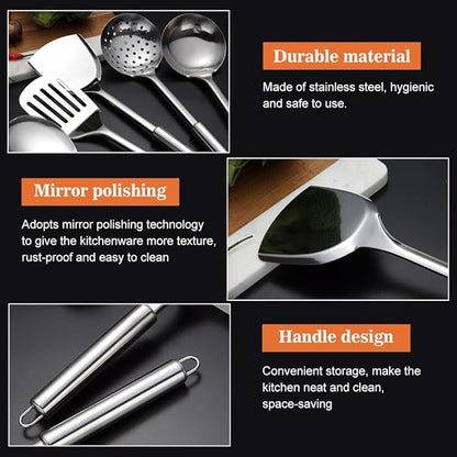 5 PCS Cooking Utensils Set Stainless Steel Kitchen Utensils Gadgets Resistant Cooking Tools Includes Slotted Spoon, Slotted Spatula, Large Spoon, Soup, Spatula(Sliver) - Image 6