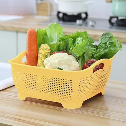 Double-layer Draining Basket Plastic Fruits & Vegetable Washing Basket for Kitchen (Blue)
