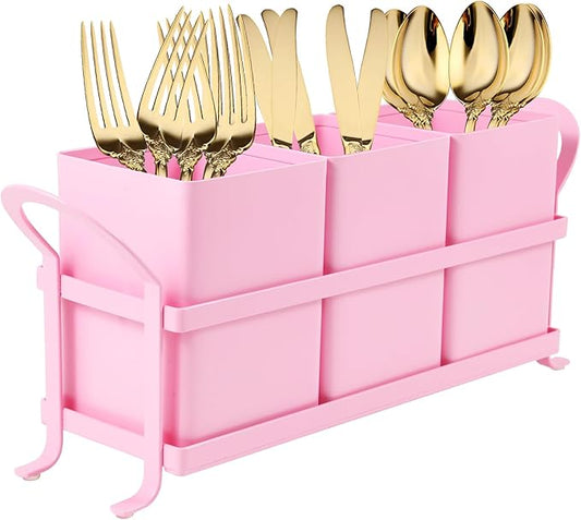 NelyBet Metal Silverware Caddy,3 Compartment Utensil Holder With Metal Rack,Utensil Caddy Flatware Cutlery Organizer for Countertop Party Picnic Camping Outdoor Pink