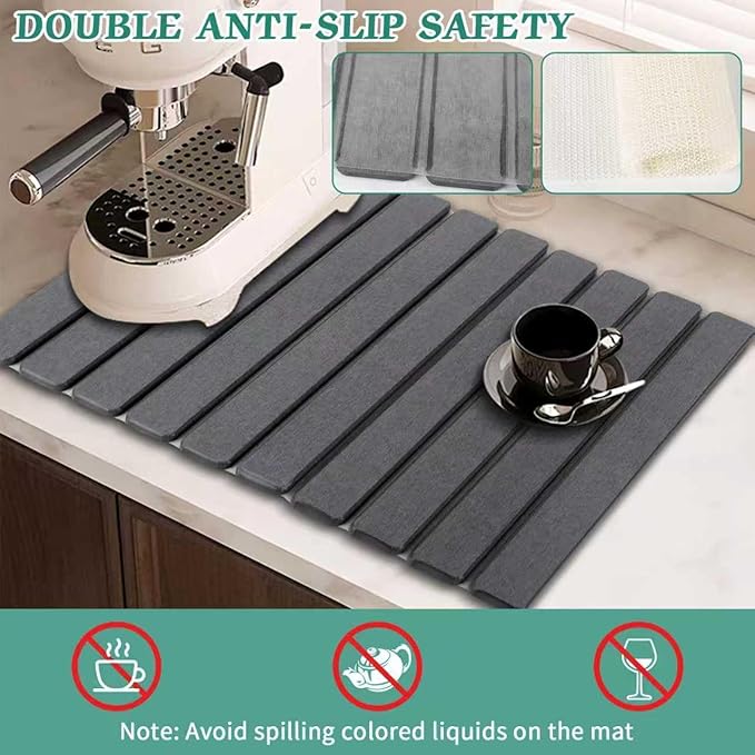 Stone Dish Drying Mat for Kitchen Counter, 24''×15'' Dishes Drying Matt Kitchen Counter, Absorbent Diatomaceous Earth Bath Quick Dry Mats for Tableware, Bottles and Cup (Dark Grey) - Image 3