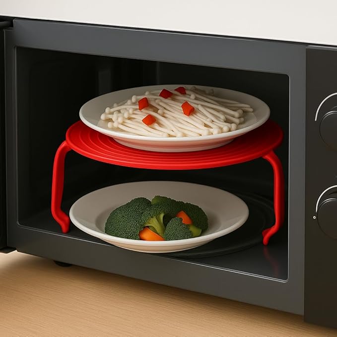 Microwave Multipurpose 4 in 1 Tray Stand Rack Splatter Guard Carry Tray Stacking Shelf (2, Red)