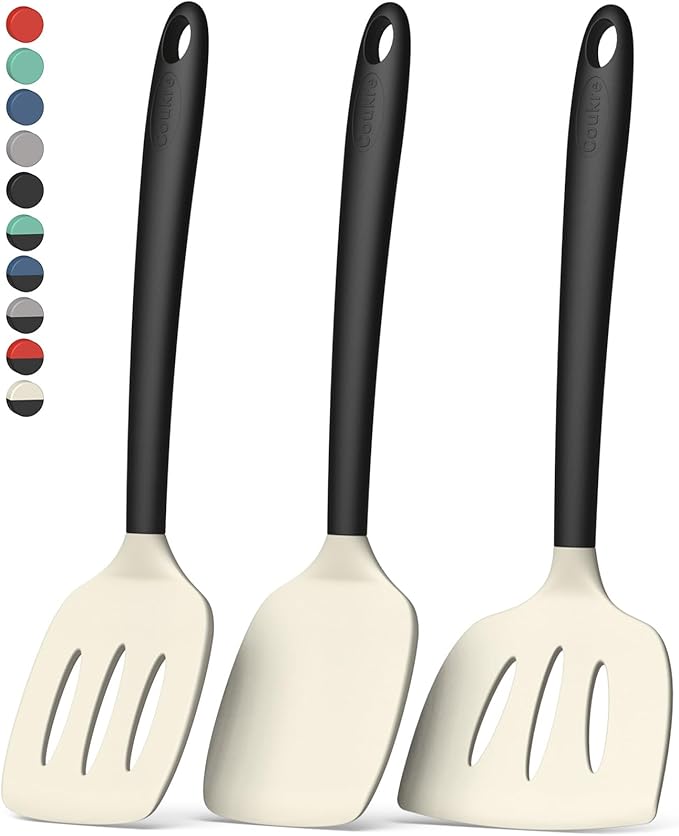 Coukre 3 Pack Silicone Spatula Set, High Heat Resistant, BPA-Free, Fish Spatula, Solid & Slotted Turner for Non-Stick Pans, Flipping Eggs, Pancakes, Fish, Burgers (3, BeigeBlack) by Coukre