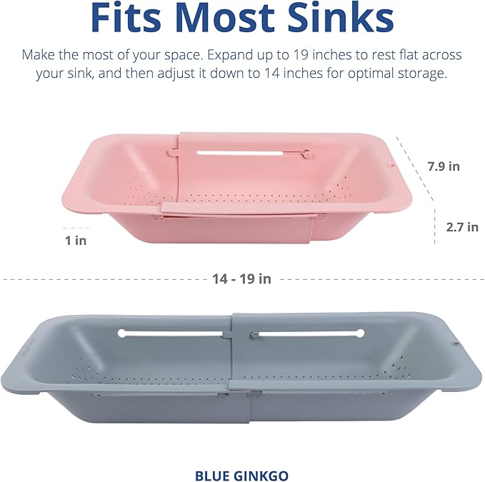 BLUE GINKGO Over the Sink Colander Strainer Basket - Wash Vegetables and Fruits, Drain Cooked Pasta and Dry Dishes - Extendable - New Home Kitchen Essentials (Grey & Pink, 2 Pack) - Image 5