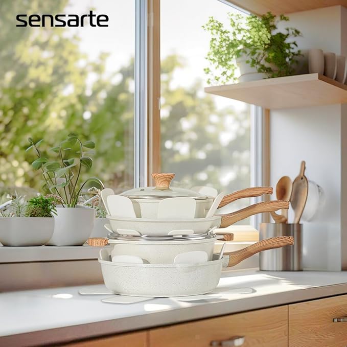 SENSARTE Nonstick Ceramic Cookware Set, 13-Piece Non-toxic Pots and Pans Set, Healthy Kitchen Cooking Set with Stay-Cool Handles, Silicone Tools and Pot Protectors, PFAS Free - Image 7