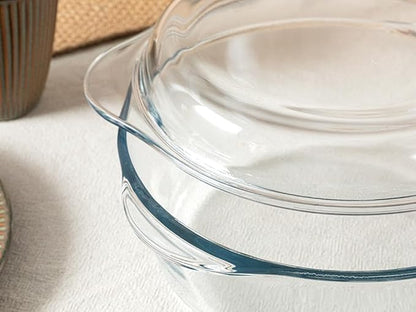 Ums 3.3 Quart Glass Casserole Dish with Lid, Round Glass Baking Dishes for Oven with Lid, Round Covered Casserole Dish, Microwave and Dishwasher Safe Clear Bakeware