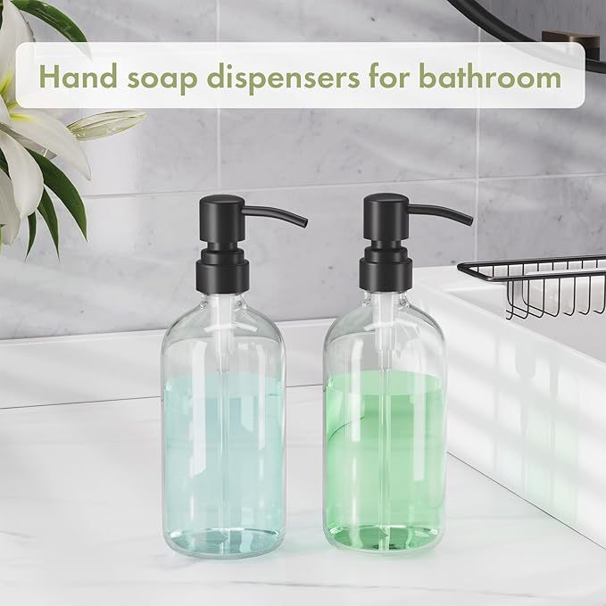 AmazerBath Soap Dispenser, 2 Pack Glass Soap Dispenser with Stainless Steel Pump, 17 Oz Bathroom Hand Soap Dispensers Bottle for Bathroom & Kitchen, Clear & Black - Image 6