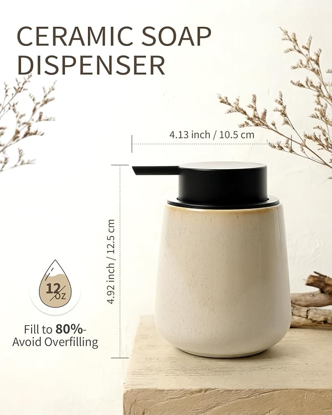 Bosilunlife Ceramic Foaming Soap Dispenser - 12Oz Bathroom Countertop Kitchen Dish Soap Pump Dispenser Foam Soap Dispenser - Greige with Speckle
