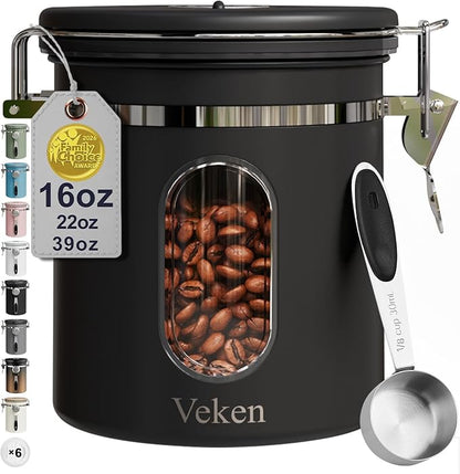 Veken Coffee Canister with Window, Airtight Stainless Steel Kitchen Food Storage Container with Lids, Date Tracker and Scoop for Grounds Coffee, Beans, Tea, Flour, Cereal, Sugar Jars, 16OZ, Black by Veken