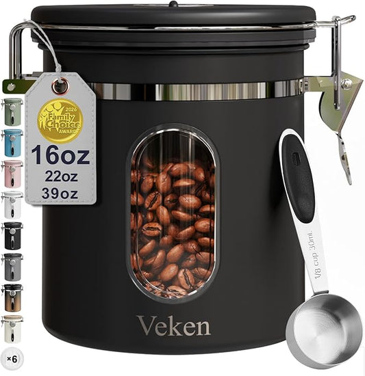 Veken Coffee Canister with Window, Airtight Stainless Steel Kitchen Food Storage Container with Lids, Date Tracker and Scoop for Grounds Coffee, Beans, Tea, Flour, Cereal, Sugar Jars, 16OZ, Black by Veken