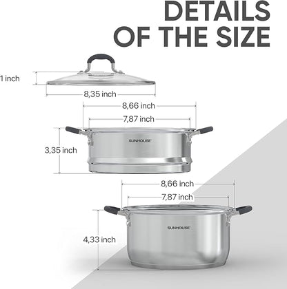 SUNHOUSE - 3.1 Quart Steamer Pots with Lid 2-Tier Multipurpose Stainless Steel Steaming Pot Cookware with Handle for Vegetable, Dumpling, Sauce, Food - Triple Bottom, Measurement Line - Image 7