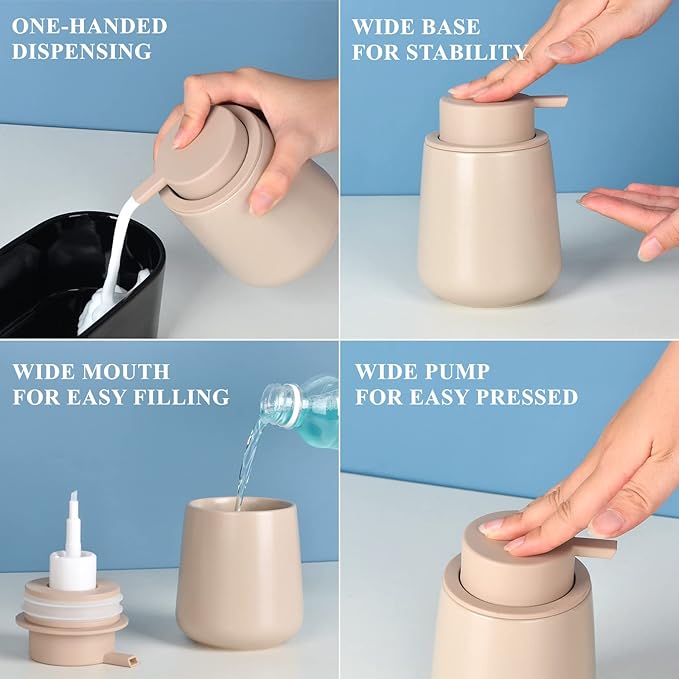 Bosilunlife Ceramic Foaming Soap Dispenser - 12Oz Bathroom Countertop Kitchen Dish Soap Pump Dispenser Foam Soap Dispenser - Khaki
