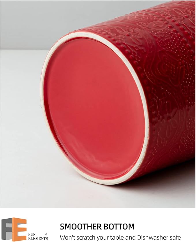 FUN ELEMENTS Kitchen Utensil Holder, 7.2" Super Large Utensil Crock Heavy and Stable Lace Emboss Ceramic Utensil Holder for Kitchen Counter (Christmas Red) - Image 3
