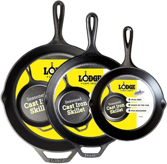 Lodge Seasoned Cast Iron Skillet Set 8, 10.25 & 12 Inches - PFAS-Free, Non-Toxic Cookware - Use with an Oven, Stove, Grill, or Campfire - Naturally Non-Stick & Oven Safe