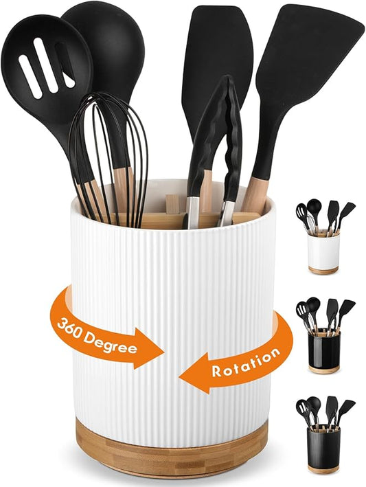 LoeJan 7.5" Utensil Holder, 3 Compartment Ceramic Kitchen Utensil Holder with Cork Bottom, Large Utensil Crock for Countertop, Cooking Tool Organizer Set for Kitchen Counter(White,Vertical Stripe) by LoeJan