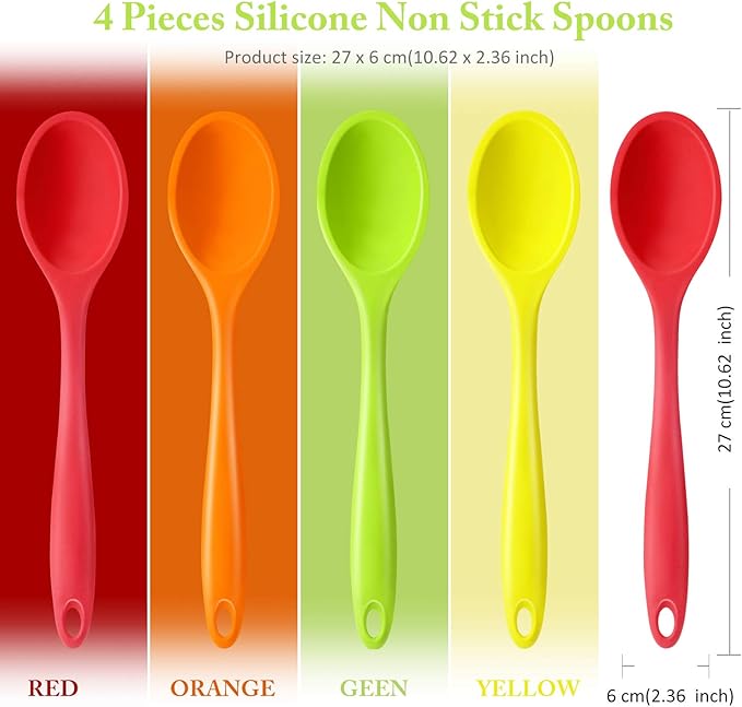 Shappy 4 Pieces Silicone Cooking Spoons 10.6 Inch Heat Resistant Kitchen Spoons for Mixing, Serving and Stirring Upgrade Large Non Stick Basting Utensils, Dishwasher Safe(Spoon,Bright Color) - Image 2