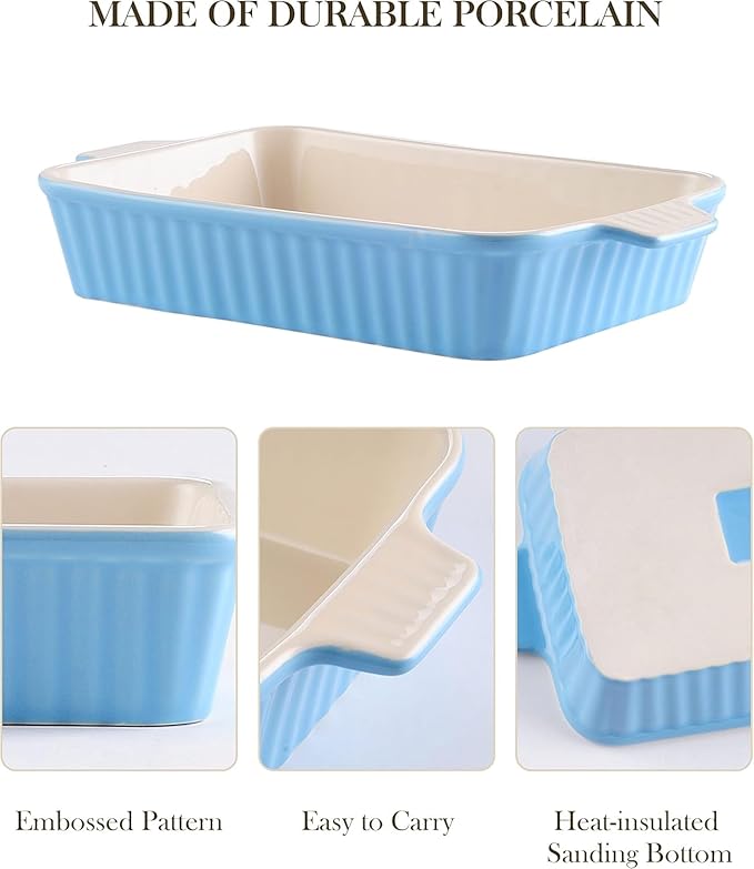 MALACASA Casserole Dishes for Oven, Porcelain Baking Dishes, Ceramic Bakeware Sets of 4, Rectangular Lasagna Pans Deep with Handles for Baking Kitchen, Blue (9.4"/11.1"/12.2"/14.7"), Series BAKE.BAKE - Image 3