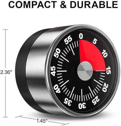 Kitchen Magnetic Visual Cooking Mechanical Timer with Loud Alarm, No Batteries Required, Stainless Steel, Countdown 60 Minute Wind Up Timer for Study, Chef, Teacher, Office (Red with Bracket)