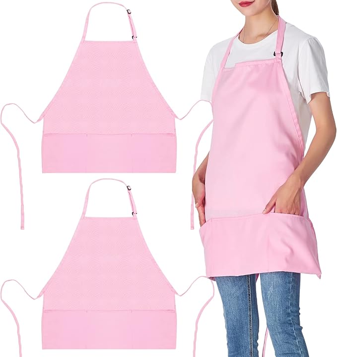 Jubatus 2 Pack 3 Pockets Adjustable Bib Apron Chef Kitchen Cooking Aprons for Women Men, Pink by Jubatus