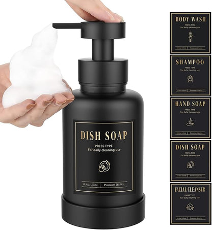 Luxspire Foaming Soap Dispenser, Glass Foam Pump Soap Dispenser, Non-Slip Hand Soap Bottle with 5 Waterproof Labels, 15 Oz Refillable Liquid Soap Bottle for Bathroom & Kitchen, Black, 1 Pack