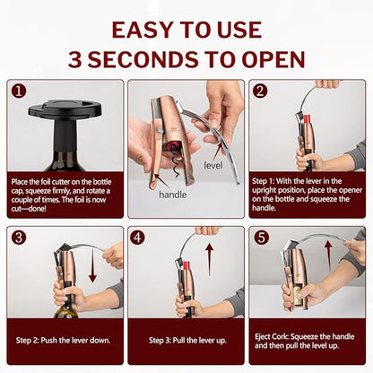 Forge Quality Compact Vertical Lever Corkscrew Wine Opener with Foil Cutter. 3 Seconds to Open a Bottle of Wine. Black.