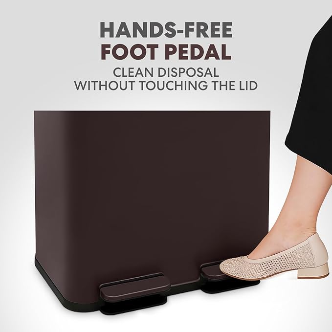 Simpli-Magic 60 Liter / 16 Gallon Rectangular Hands-Free Dual Compartment Recycling Kitchen Step Trash Can with Soft-Close Single Lid, Stainless Steel (30L x 30L Capacity) Brown - Image 3