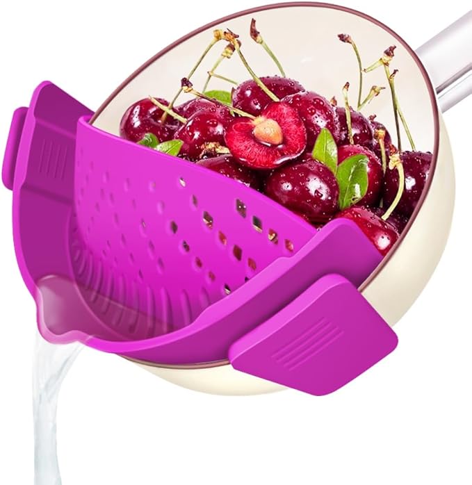 YEVIOR Clip on Strainer for Pots Pan Pasta,Silicone Food Strainer Hands-Free Pan Strainer, Clip-on Kitchen Food Strainer for Spaghetti, Pasta, Ground Beef Fits All Bowls and Pots (Purple) by YEVIOR