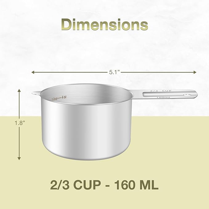1PCS 2/3Cup (160ml, 5.3oz) Single Measuring Cup, Etched Inner Scale Stainless Steel Measure Scoop, Metric and US Measurement, Dishwasher Safe - Image 2