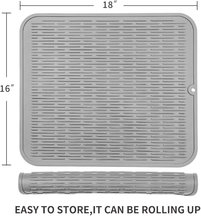 MicoYang Silicone Dish Drying Mat for Multiple Usage,Easy clean,Eco-friendly,Heat-resistant Silicone Mat for Kitchen Counter or Sink,Refrigerator or Drawer Liner Grey XL 18 inches x 16 inches - Image 2