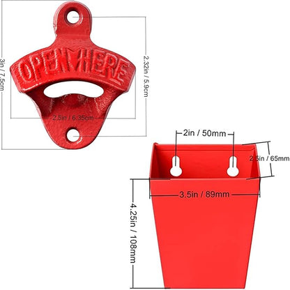 Red Cast Iron Beer Bottle Cap Opener Wall Mounted Soda Opener with Cap Catcher Bucket Narrow Bundle - Image 5