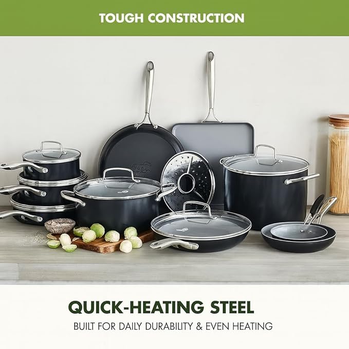 GreenPan 17 Piece Nonstick Swift Cookware Set, Ceramic PFAS-Free Pots & Pans with Lids, Dishwasher & Oven/Broiler Safe to 600F, Kitchen Cooking Set, Sauce, Saute, Stock, Griddle, Frying Pans, Gray - Image 7