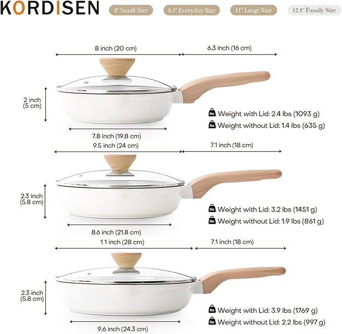Kordisen Ceramic Nonstick Frying Pan Skillet Set with Lid, 3 Piece Ceramic Pans for Cooking Non Toxic, Healthy Induction Cookware, Stay-Cool Handle, PFOA & PFAS Free (8 Inch, 9.5 Inch, 11 Inch) - Image 7