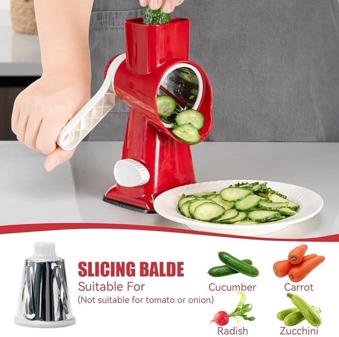 KEOUKE Rotary Cheese Grater Hand Crank Red - Shredder Slicer Grinder 3 Stainless Steel Blades, Stable Suction, Labor-Saving Handle, Safe Kitchen Tool for Cheese, Vegetable, Nuts, Chocolate - Image 2