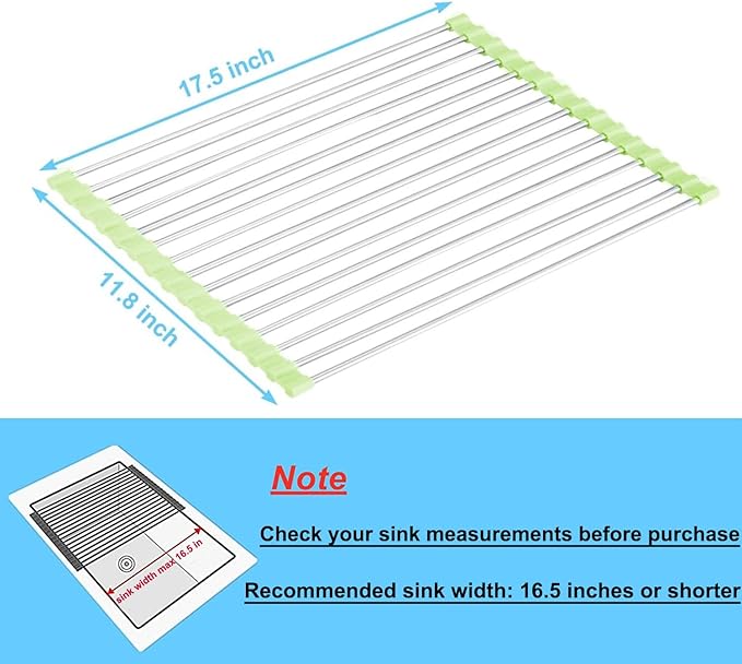 Seropy Roll Up Dish Drying Rack Over The Sink Drying Rack for Kitchen Counter, Rolling Dish Rack Over Sink Mat, Foldable Dish Drainer Stainless Steel Rack Kitchen Organization Green 17.5"x11.8" - Image 4
