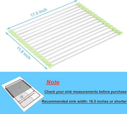 Seropy Roll Up Dish Drying Rack Over The Sink Drying Rack for Kitchen Counter, Rolling Dish Rack Over Sink Mat, Foldable Dish Drainer Stainless Steel Rack Kitchen Organization Green 17.5"x11.8" - Image 4