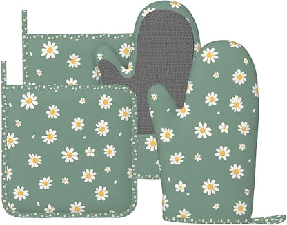 Oven Mitts and Pot Holders Daisy Flower Green Silicone Kitchen Accessories Set of 4 Heat Resistant Long Gloves Potholder Non-Slip Grip for Chef Cooking Baking Grilling BBQ