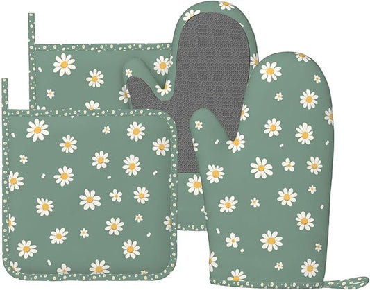 Oven Mitts and Pot Holders Daisy Flower Green Silicone Kitchen Accessories Set of 4 Heat Resistant Long Gloves Potholder Non-Slip Grip for Chef Cooking Baking Grilling BBQ
