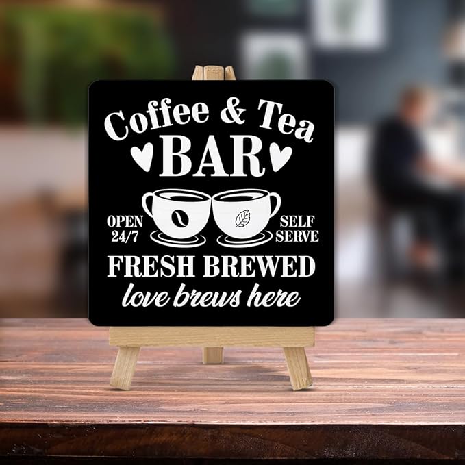 Coffee Tea Bar Decor, Coffee and Tea Bar Wood Sign with Easel Home Kitchen Desk Shelf Table Tiered Tray Decorations - Image 3