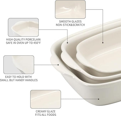 3-Pack Ceramic Baking Dishes Set,Heavy-Duty Oven-Safe Stoneware,Deep Rectangular Casserole Pans for Lasagna & Baking,High Heat Resistant,Handcrafted Glazed Finish (13.8''/12''/9.6'' Pure Off-White) - Image 5