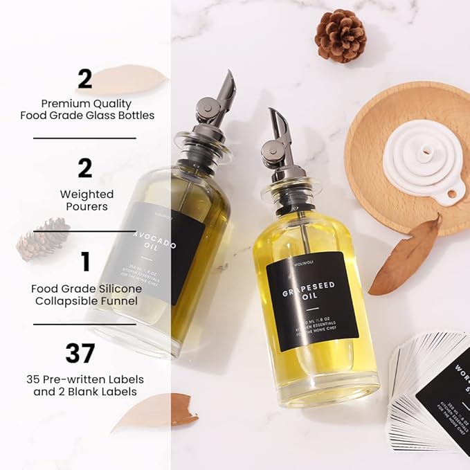 Molimoli Oil and Vinegar Dispenser with Metal Pour Spout, Weighted Pourer, Glass Bottle Dispenser for Kitchen, Olive Oil Cruet, Glass Olive Oil Bottle |350ml, Set of 2 - Image 3